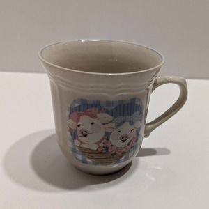 Tienshan Stoneware Mug – White, Pink, and Blue Pigs Checkered Floral
